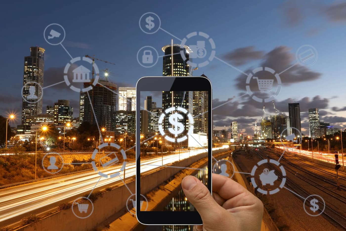 Fintech — smartphone with city skyline and digital payments